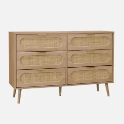 Kommode mit Holzdekor und abgerundetem Rattan-Geflecht 6 Schubladen