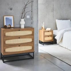 Kommode mit Holzdekor und Rattan-Geflecht 3 Schubladen