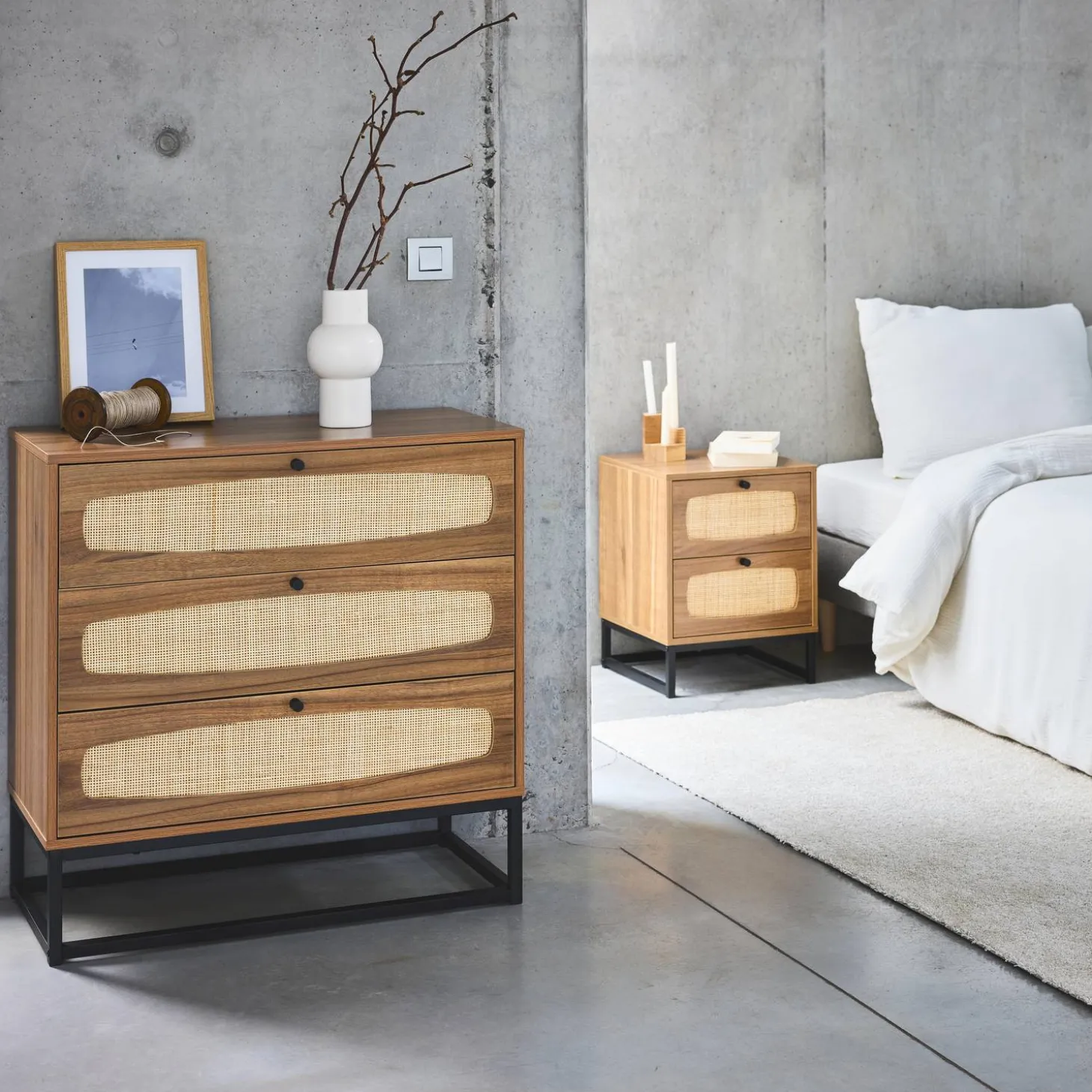 Kommode mit Holzdekor und Rattan-Geflecht 3 Schubladen