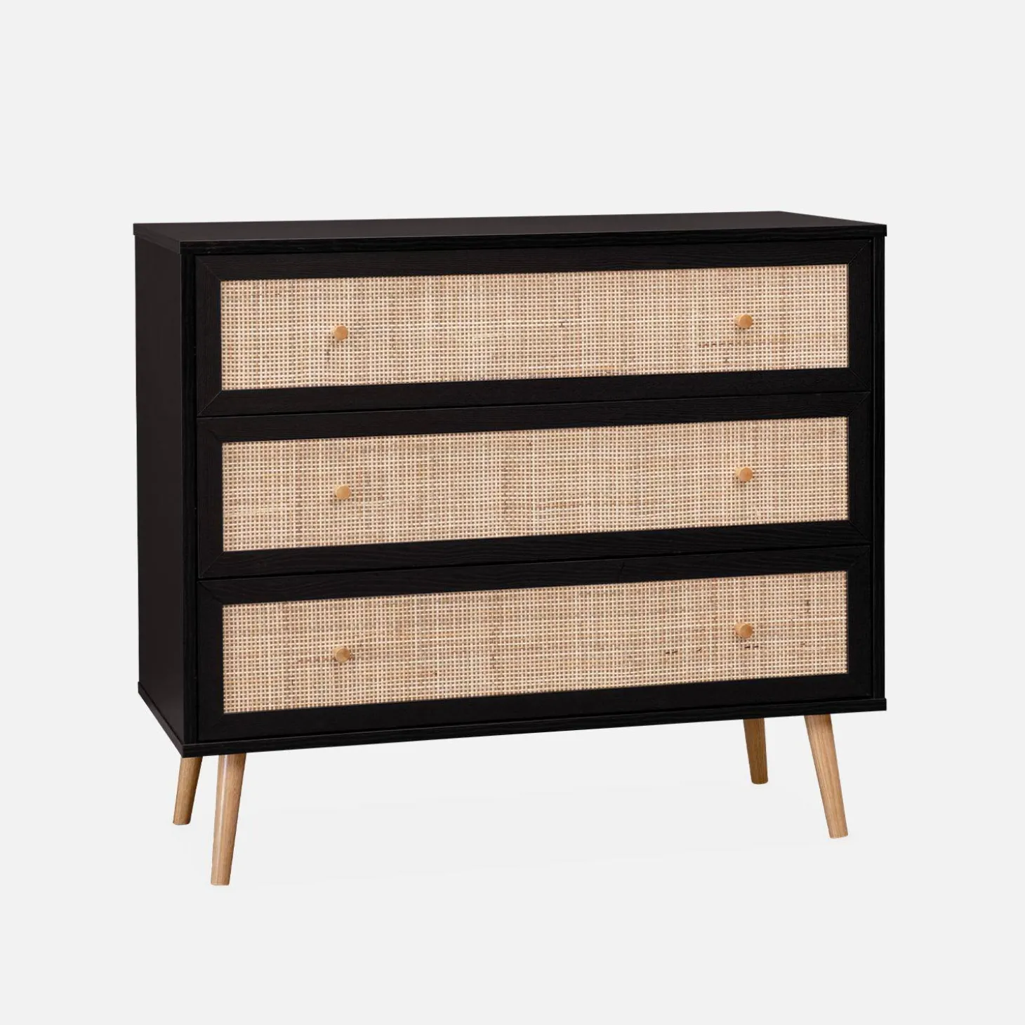 Kommode mit Holzeffekt und Rattan-Geflecht 3 Schubladen