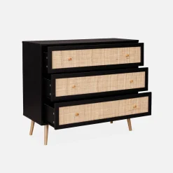 Kommode mit Holzeffekt und Rattan-Geflecht 3 Schubladen