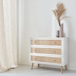 Kommode mit Holzeffekt und Rattan-Geflecht 3 Schubladen