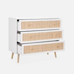 Kommode mit Holzeffekt und Rattan-Geflecht 3 Schubladen