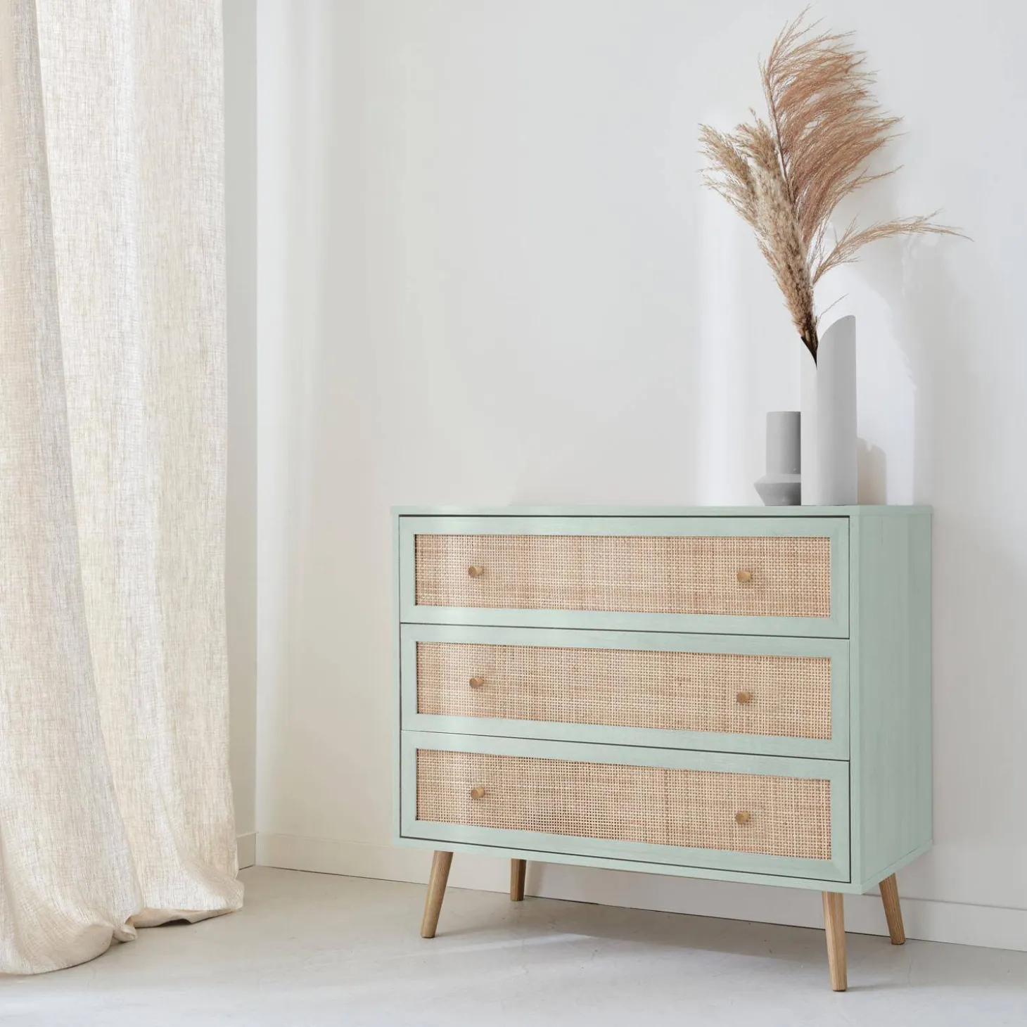 Kommode mit Holzeffekt und Rattan-Geflecht 3 Schubladen