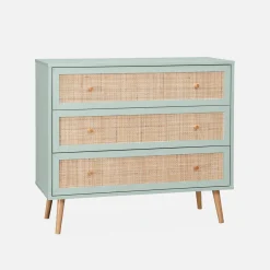 Kommode mit Holzeffekt und Rattan-Geflecht 3 Schubladen