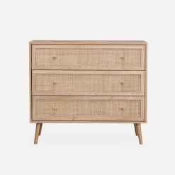Kommode mit Holzeffekt und Rattan-Geflecht 3 Schubladen