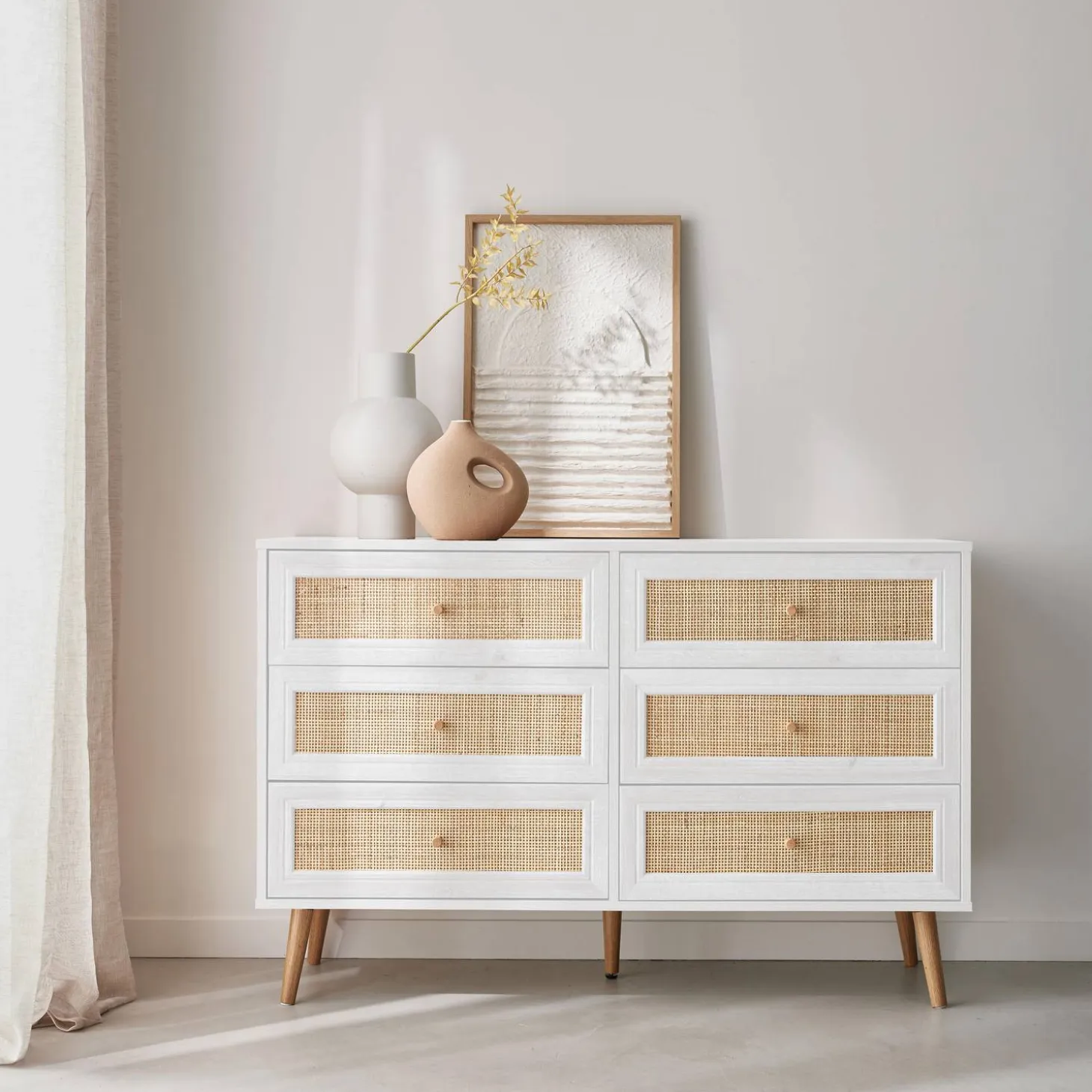 Kommode mit Holzlook, Rattan-Geflecht und 6 Schubladen