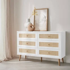 Kommode mit Holzlook, Rattan-Geflecht und 6 Schubladen