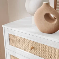 Kommode mit Holzlook, Rattan-Geflecht und 6 Schubladen