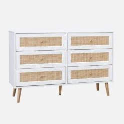 Kommode mit Holzlook, Rattan-Geflecht und 6 Schubladen