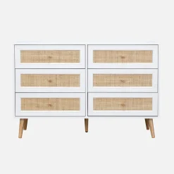 Kommode mit Holzlook, Rattan-Geflecht und 6 Schubladen