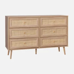 Kommode mit Holzlook, Rattan-Geflecht und 6 Schubladen