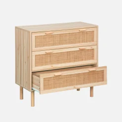 Kommode mit 3 Schubladen, Rattan-Geflecht und Holzdekor