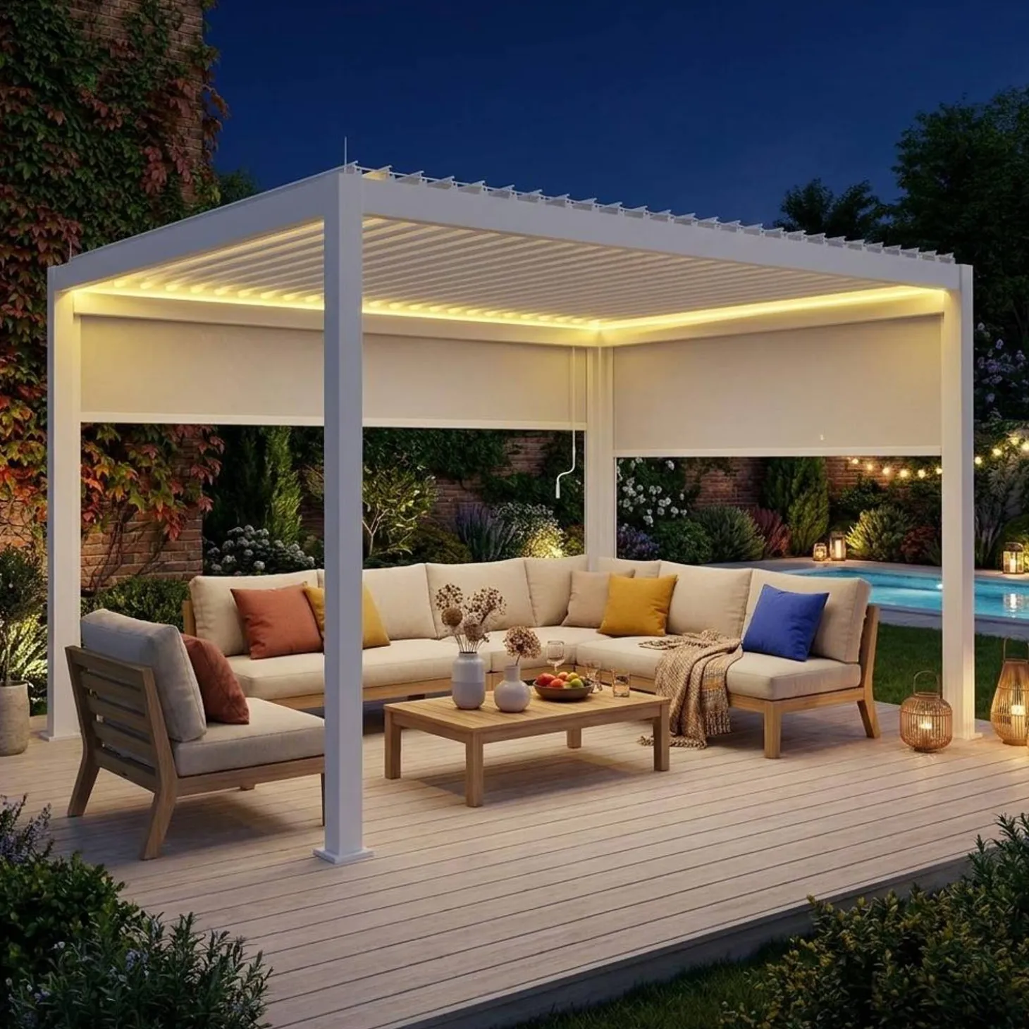 LED Pergola mit motorisiertem Lamellendach Triomphe 3x4m + Markise 3m + Markise 4m