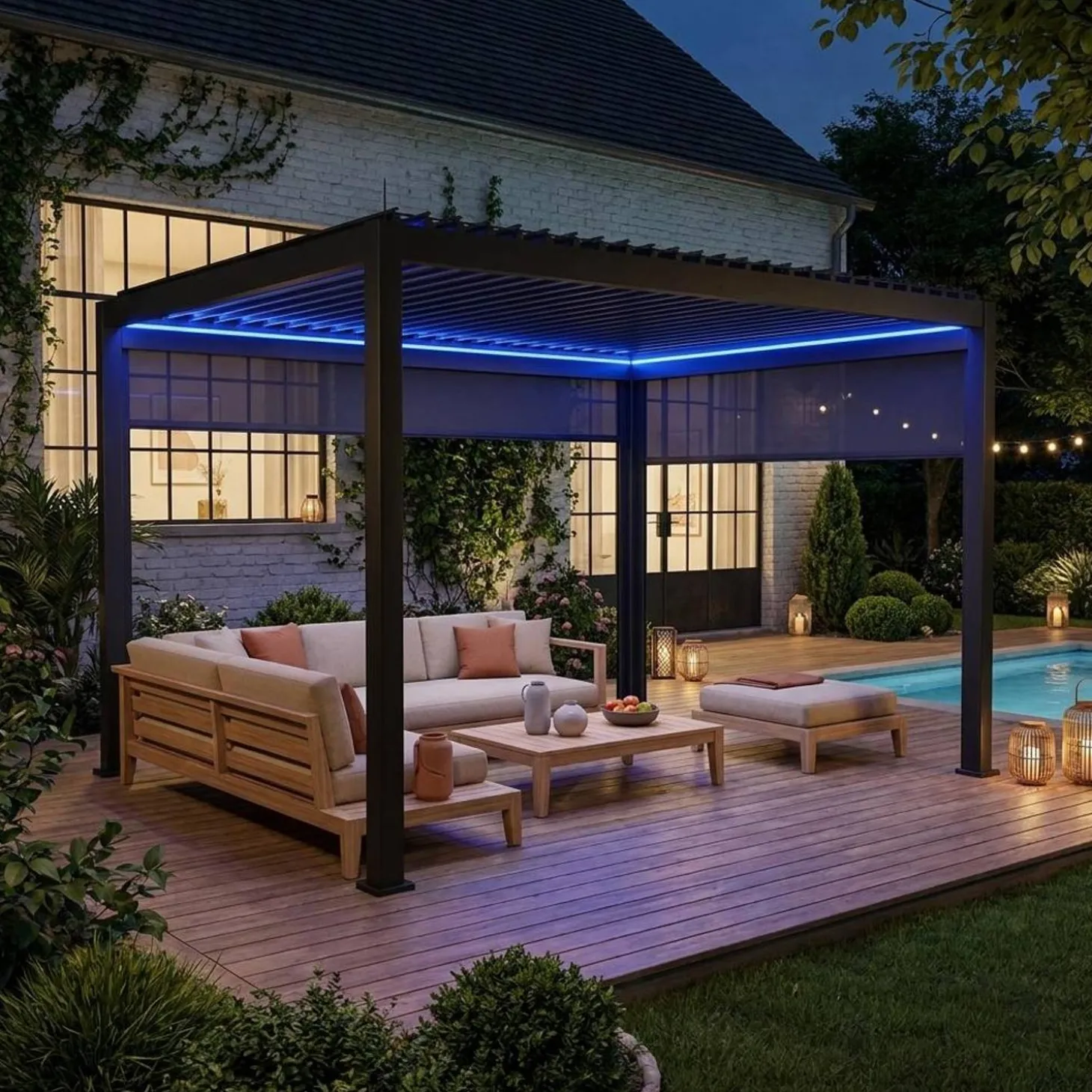 LED Pergola mit motorisiertem Lamellendach Triomphe 3x4m + Markise 3m + Markise 4m
