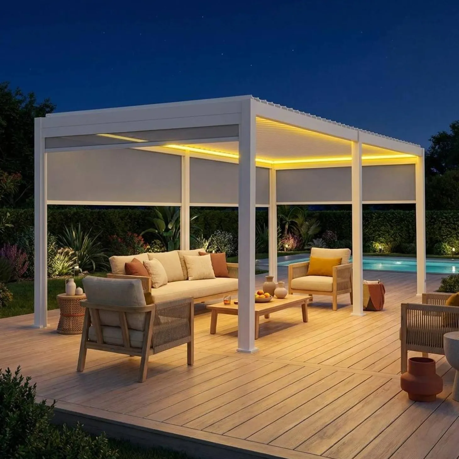 LED Pergola mit motorisiertem Lamellendach Triomphe 3x6m + 4 Markisen 3m