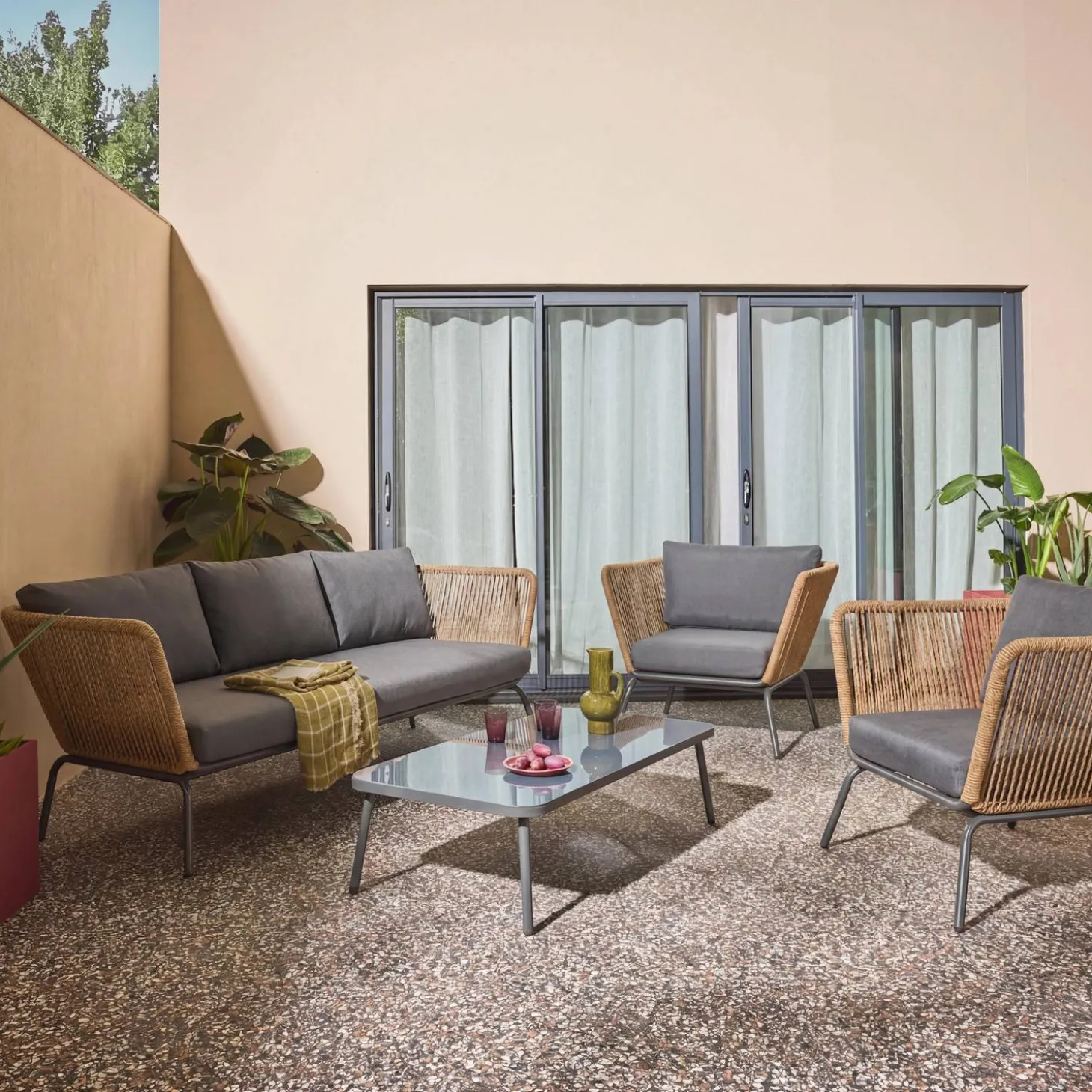 Lounge Gartenmöbelset, Kunststoffbespannung mit Rattanlook, 5 Personen