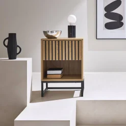 Moderner Nachttisch mit geriffeltem Holzdekor 1 Schublade