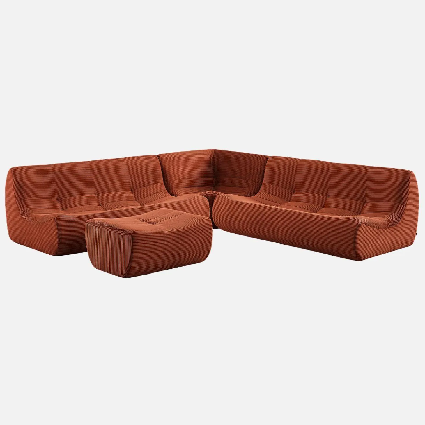 Modulares Ecksofa für 7 Personen mit Cordbezug und Hocker