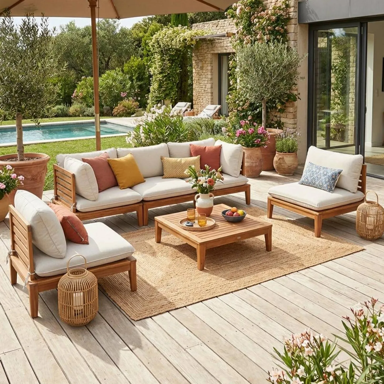 Modulares Gartenmöbel-Set aus Akazienholz für 5 Personen Bouclé-Look