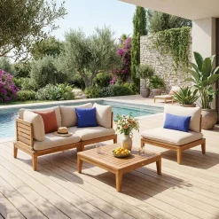 Modulares Gartenmöbel-Set aus Akazienholz 3-Sitzer mit Seitenteilen beige