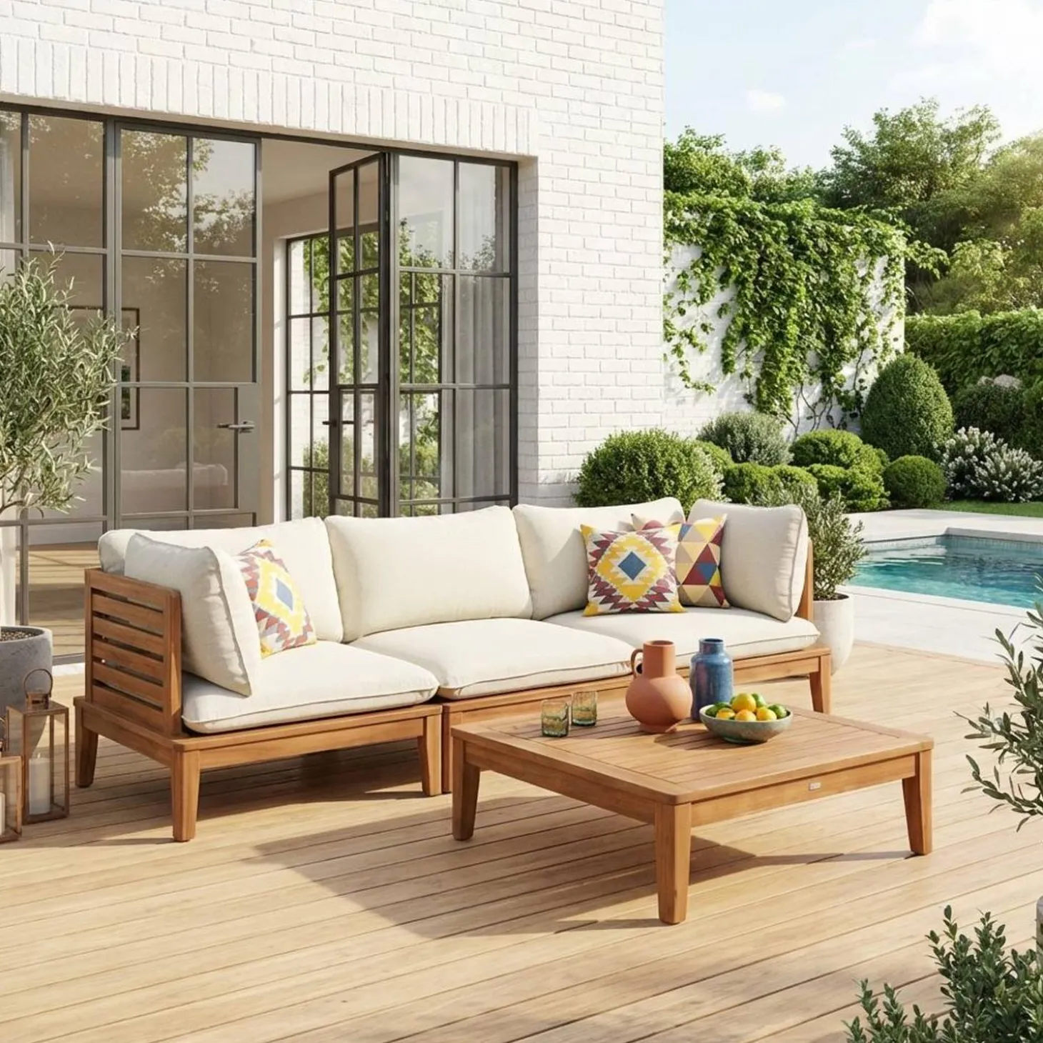 Modulares Gartenmöbelset aus Akazienholz 3-Sitzer mit Seitenteilen und Bouclé-Look