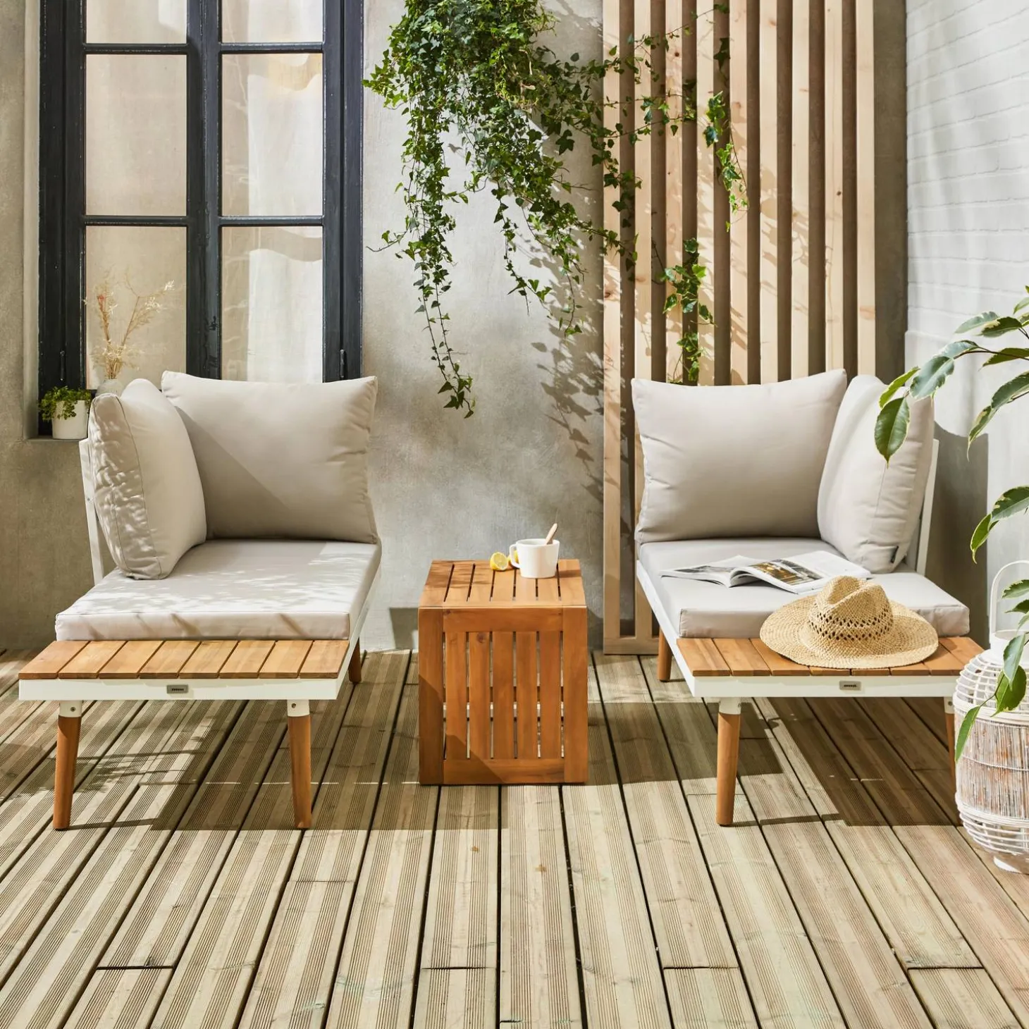 Modulares Gartenmöbelset aus Aluminium und Akazienholz, 4-Sitzer