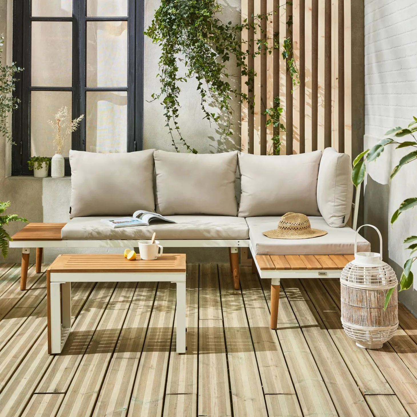 Modulares Gartenmöbelset aus Aluminium und Akazienholz, 4-Sitzer
