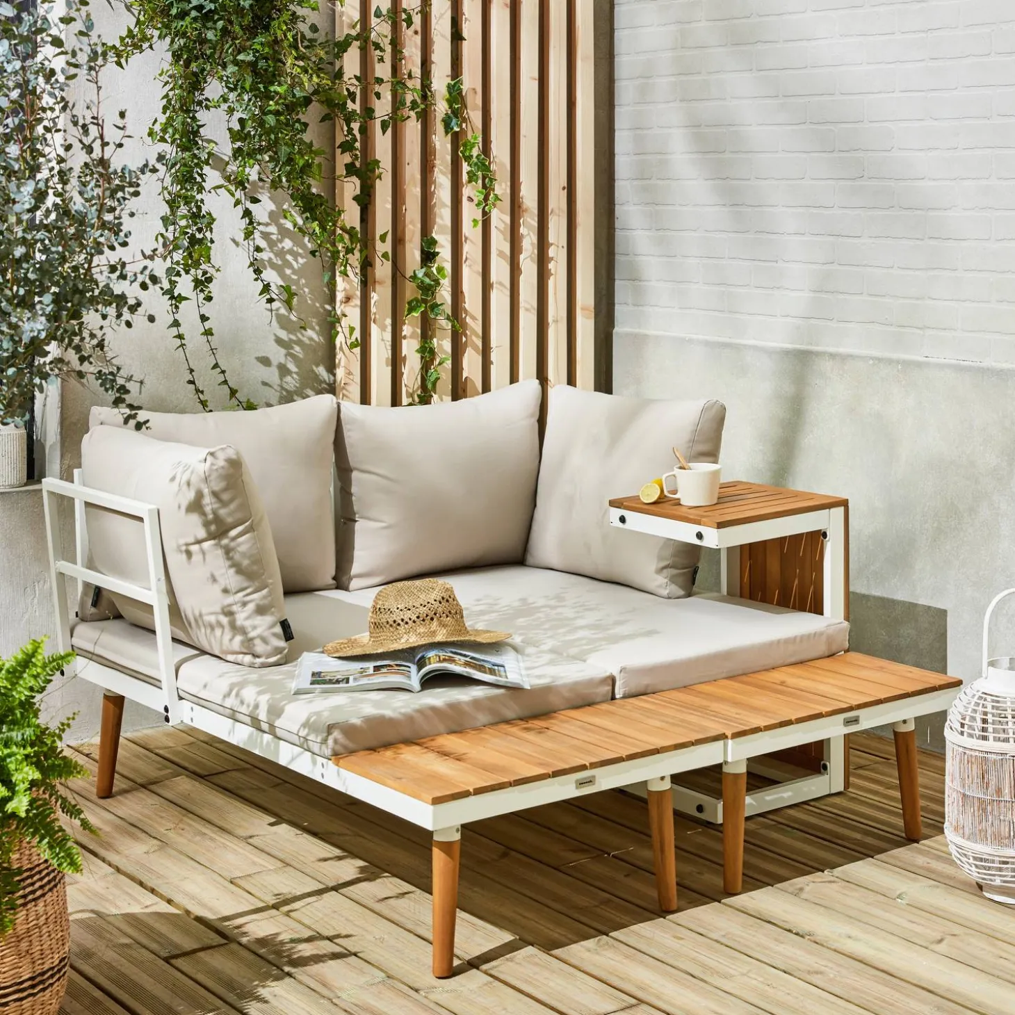 Modulares Gartenmöbelset aus Aluminium und Akazienholz, 4-Sitzer