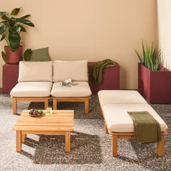 Modulares Loungeset aus naturfarbenem Akazienholz, 2-Sitzer, 3-fach verstellbar mit Tisch
