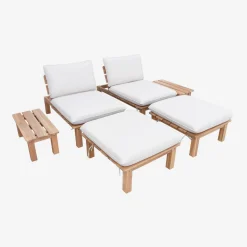 Modulares Loungeset aus naturfarbenem Akazienholz, 2-Sitzer, 3-fach verstellbar mit Tisch