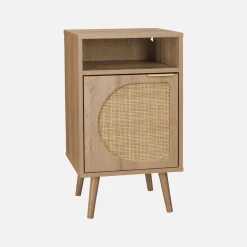 Nachttisch mit Holzdekor und abgerundetem Rattan-Geflecht