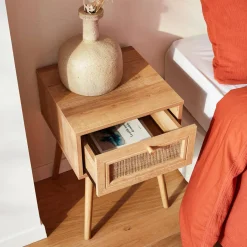 Nachttisch mit Holzeffekt und Rattan-Geflecht, 1 Schublade