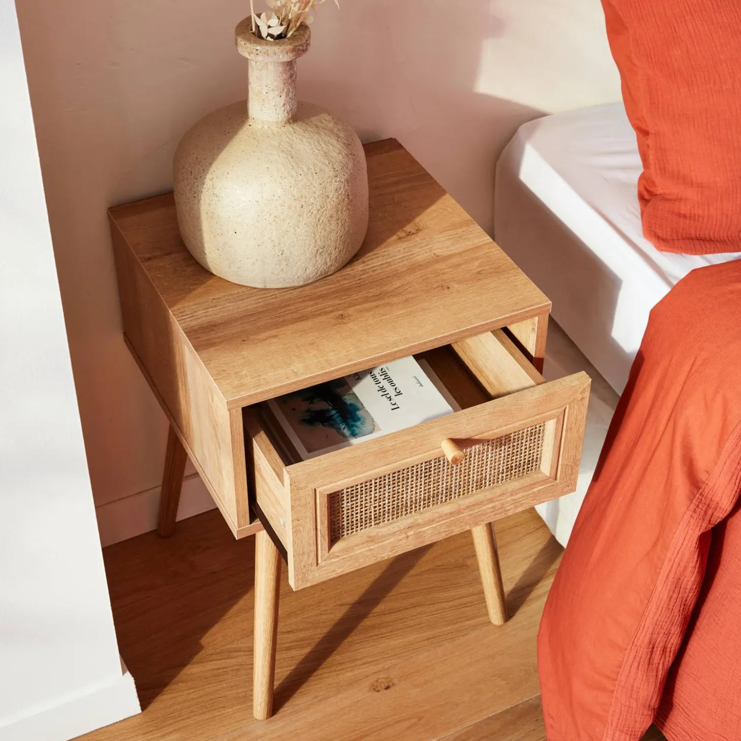 Nachttisch mit Holzeffekt und Rattan-Geflecht, 1 Schublade