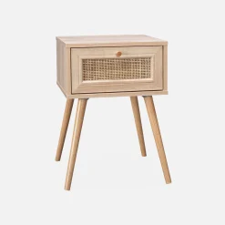 Nachttisch mit Holzeffekt und Rattan-Geflecht, 1 Schublade