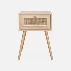 Nachttisch mit Holzeffekt und Rattan-Geflecht, 1 Schublade