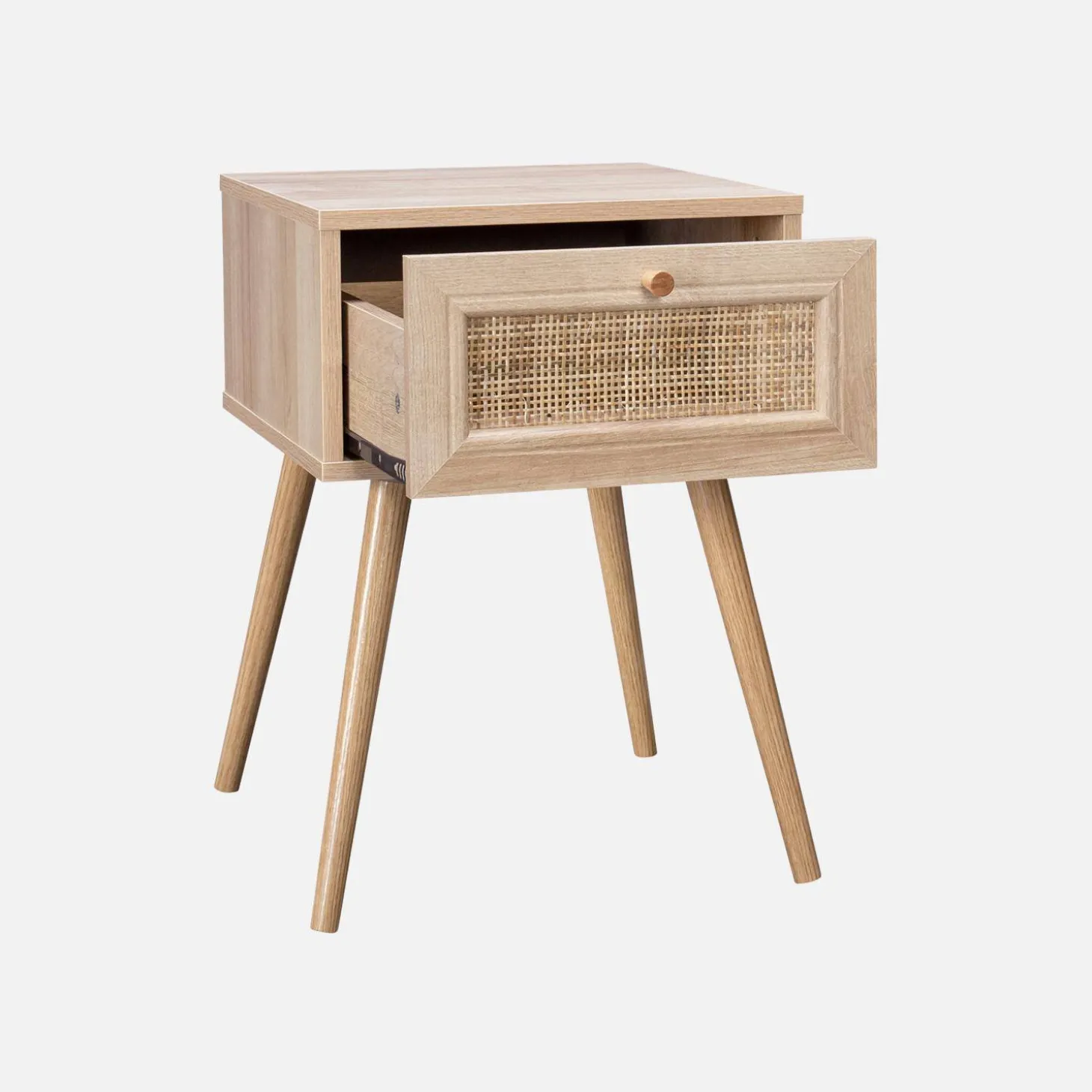 Nachttisch mit Holzeffekt und Rattan-Geflecht, 1 Schublade