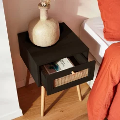 Nachttisch mit Holzeffekt und Rattan-Geflecht, 1 Schublade