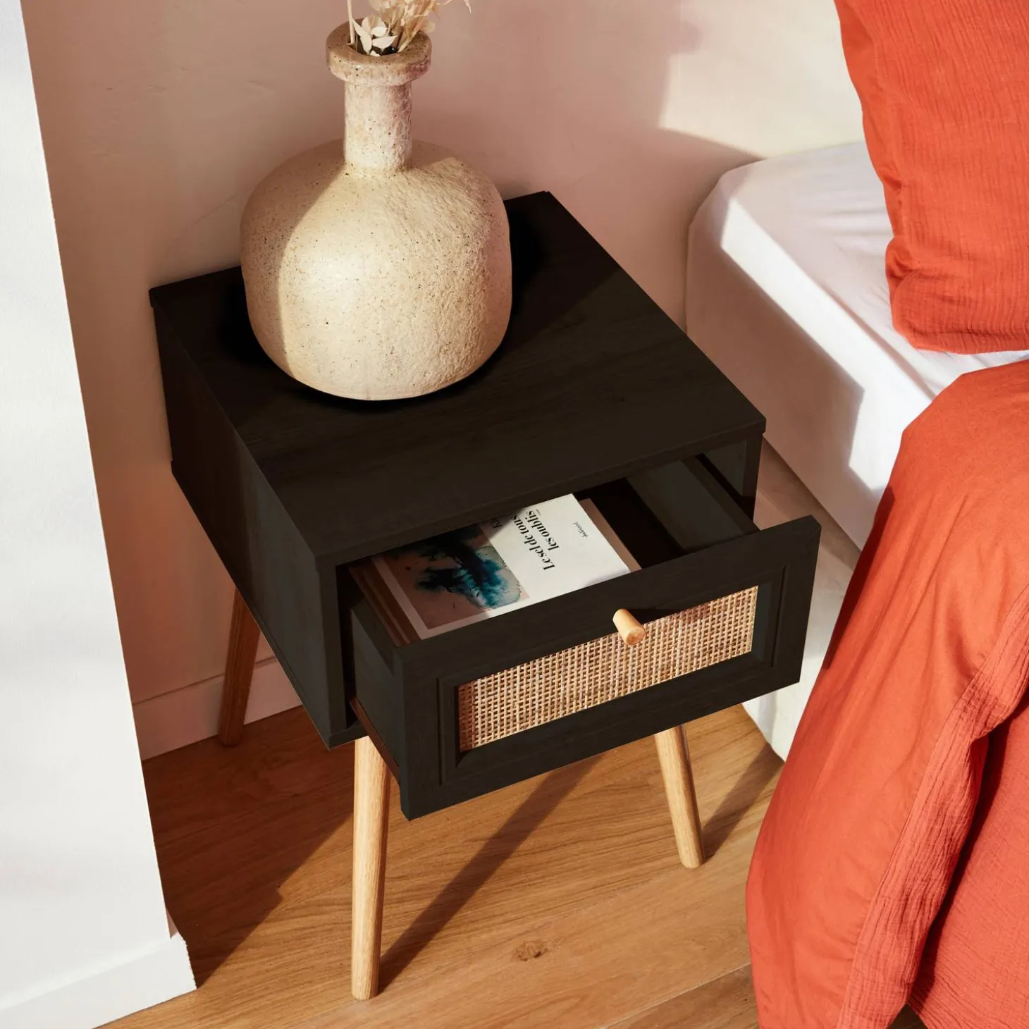 Nachttisch mit Holzeffekt und Rattan-Geflecht, 1 Schublade