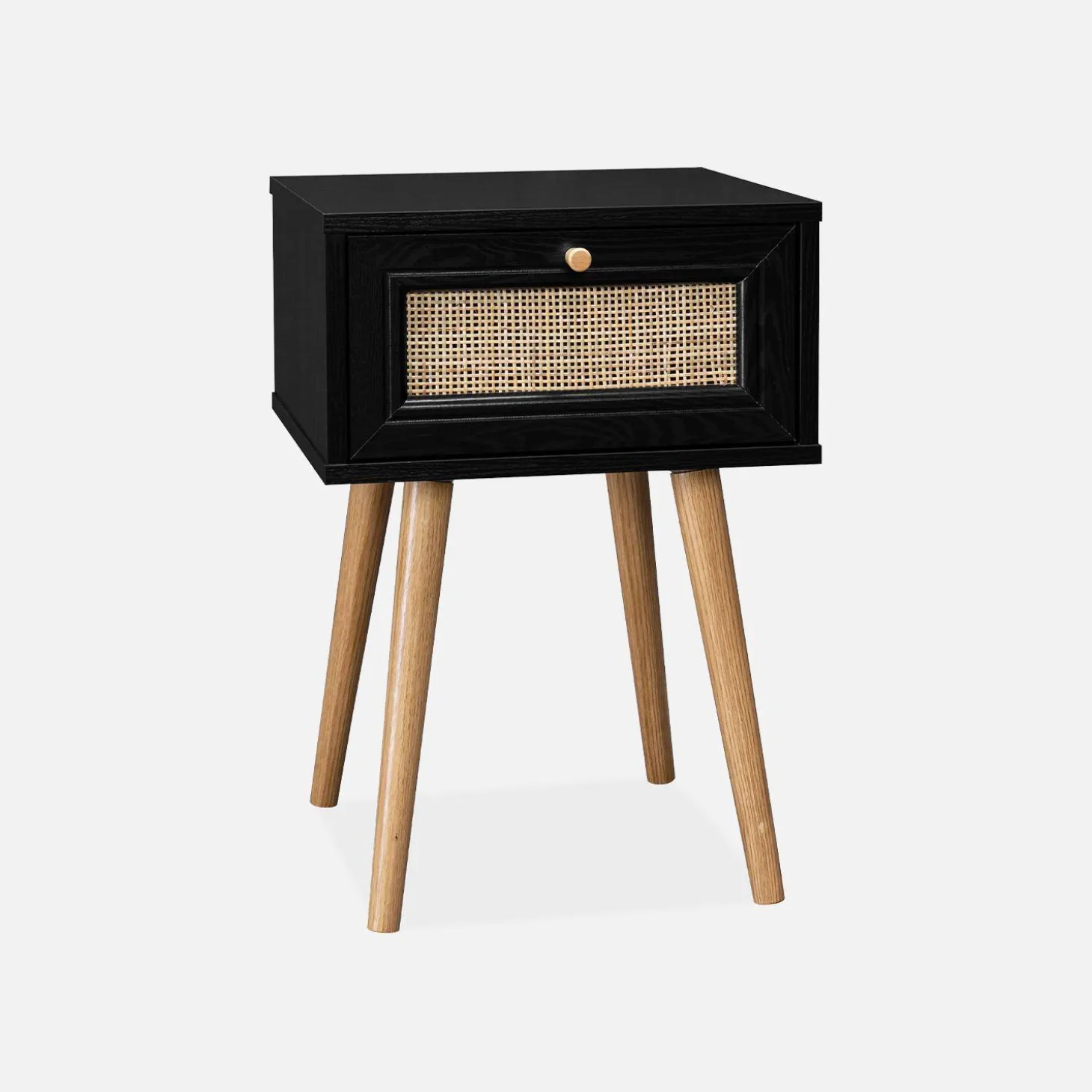Nachttisch mit Holzeffekt und Rattan-Geflecht, 1 Schublade