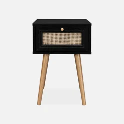 Nachttisch mit Holzeffekt und Rattan-Geflecht, 1 Schublade