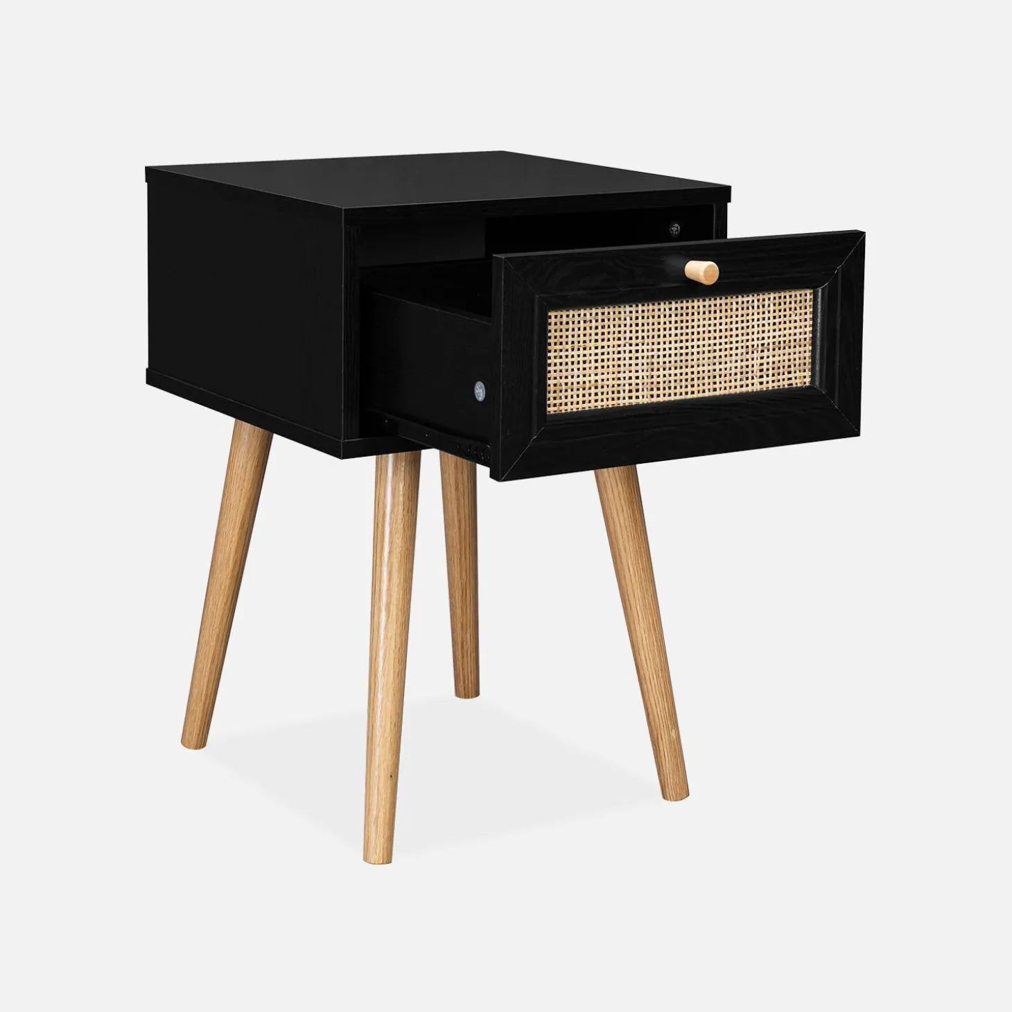 Nachttisch mit Holzeffekt und Rattan-Geflecht, 1 Schublade