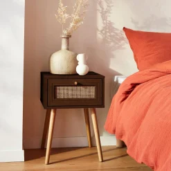 Nachttisch mit Holzeffekt und Rattan-Geflecht, 1 Schublade