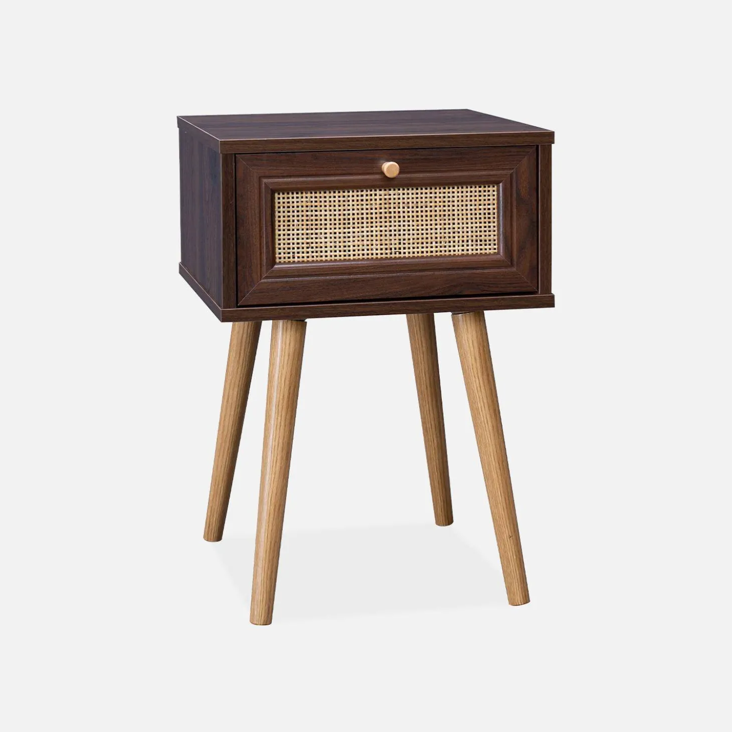 Nachttisch mit Holzeffekt und Rattan-Geflecht, 1 Schublade
