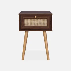 Nachttisch mit Holzeffekt und Rattan-Geflecht, 1 Schublade