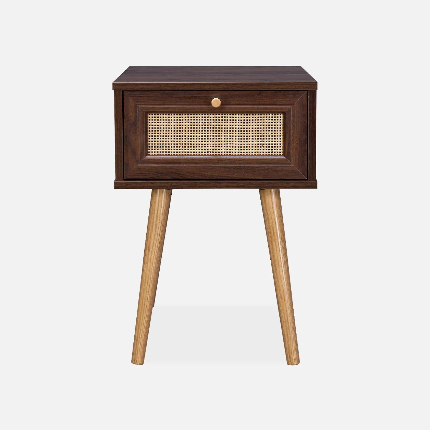 Nachttisch mit Holzeffekt und Rattan-Geflecht, 1 Schublade