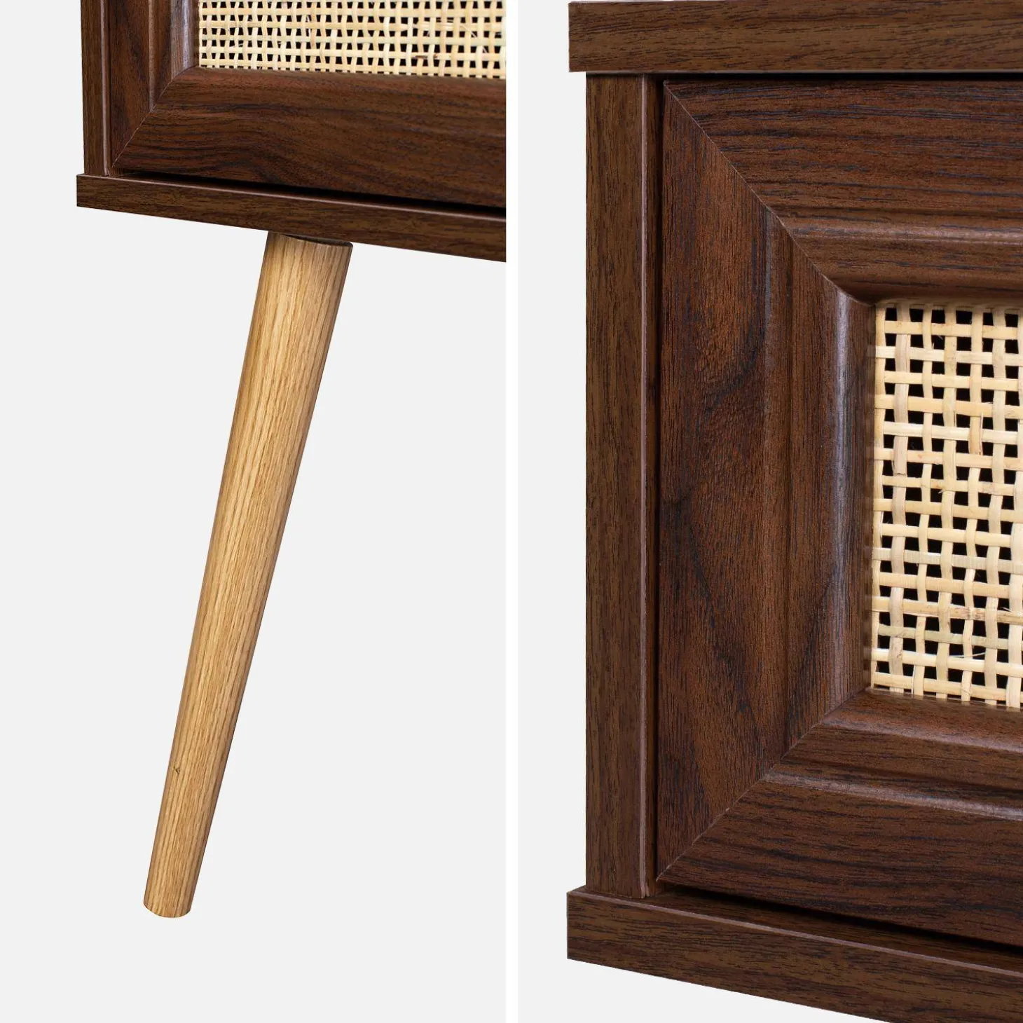 Nachttisch mit Holzeffekt und Rattan-Geflecht, 1 Schublade