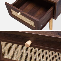 Nachttisch mit Holzeffekt und Rattan-Geflecht, 1 Schublade