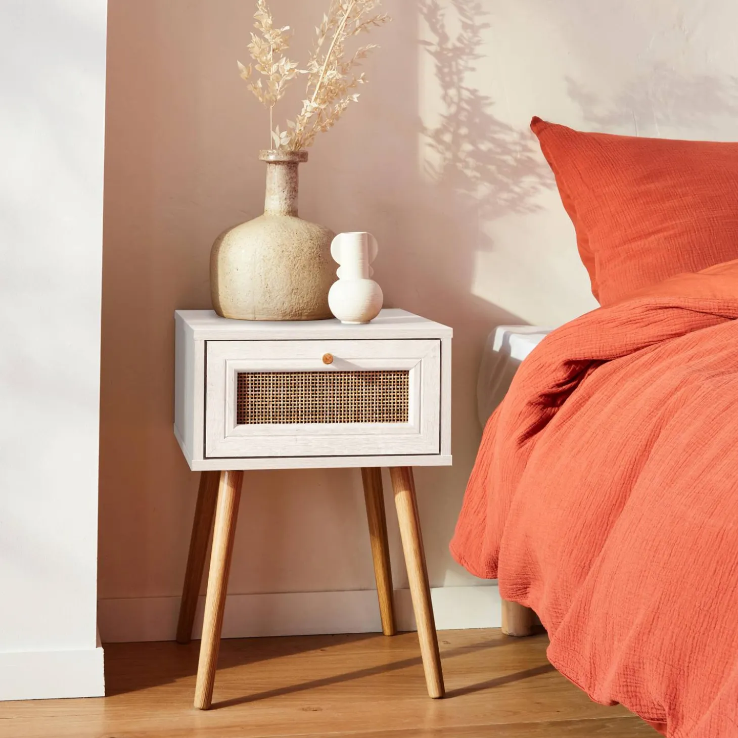Nachttisch mit Holzeffekt und Rattan-Geflecht, 1 Schublade
