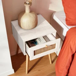 Nachttisch mit Holzeffekt und Rattan-Geflecht, 1 Schublade